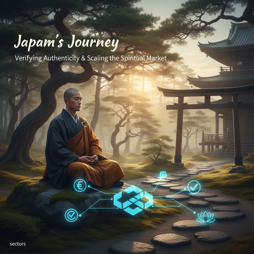** A monk meditating in a serene Japanese garden with overlaid digital verification and market scaling icons.