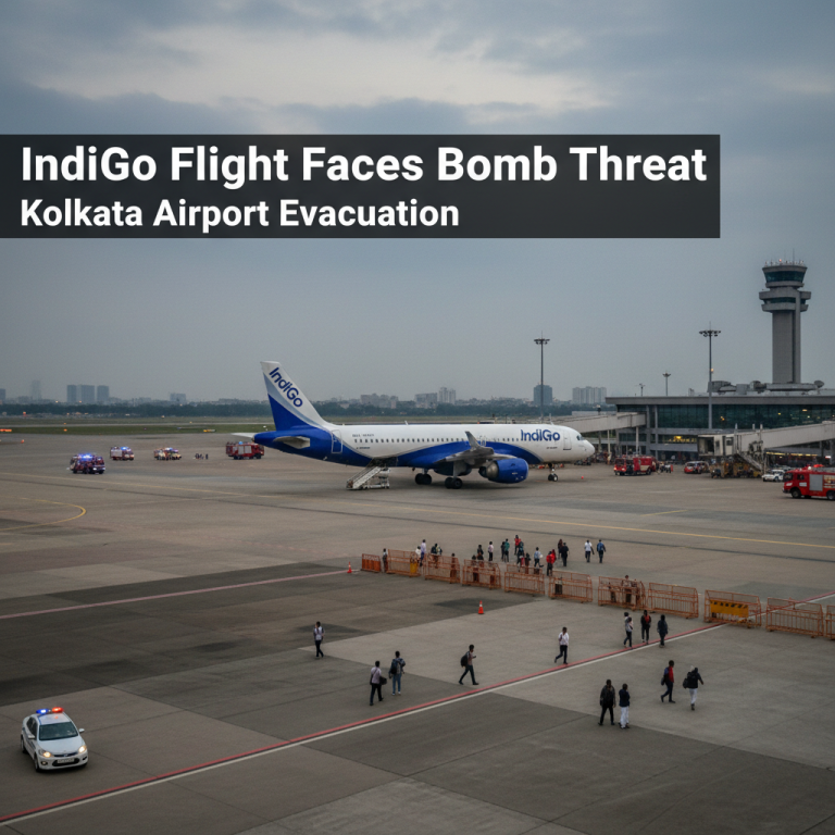 An IndiGo airplane on the tarmac with passengers evacuating, emergency vehicles, and airport buildings in the background.
