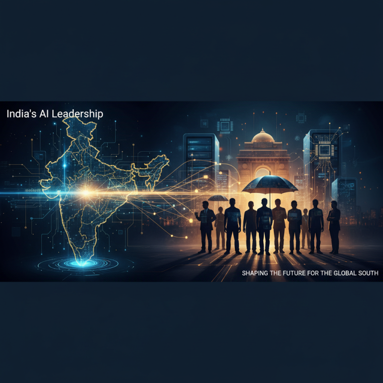 Digital map of India with AI infrastructure and a group of people symbolizing global collaboration.