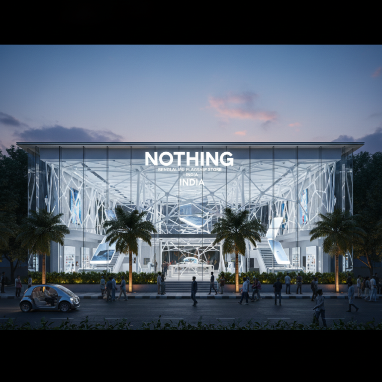 The illuminated exterior of Nothing's flagship store in Bengaluru, India, at dusk, showcasing its modern architecture.