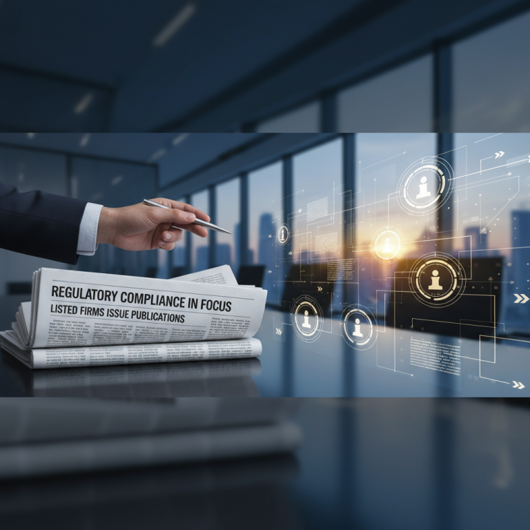 A hand points to a newspaper about regulatory compliance, with digital data flowing towards the horizon.