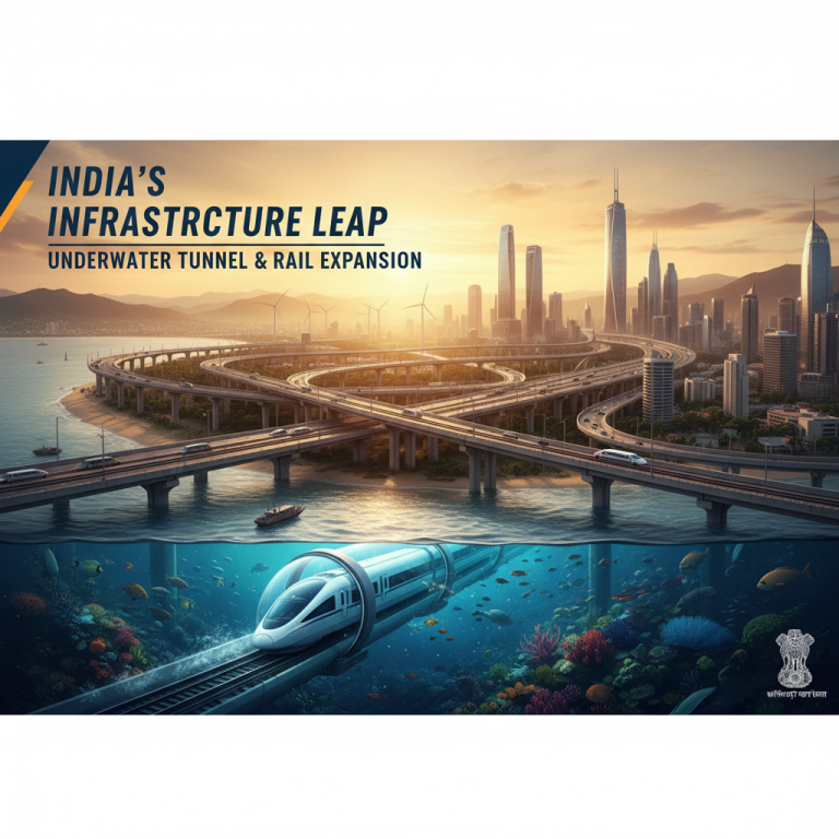 A split image showing a modern cityscape with elevated highways and a train passing through an underwater tunnel.