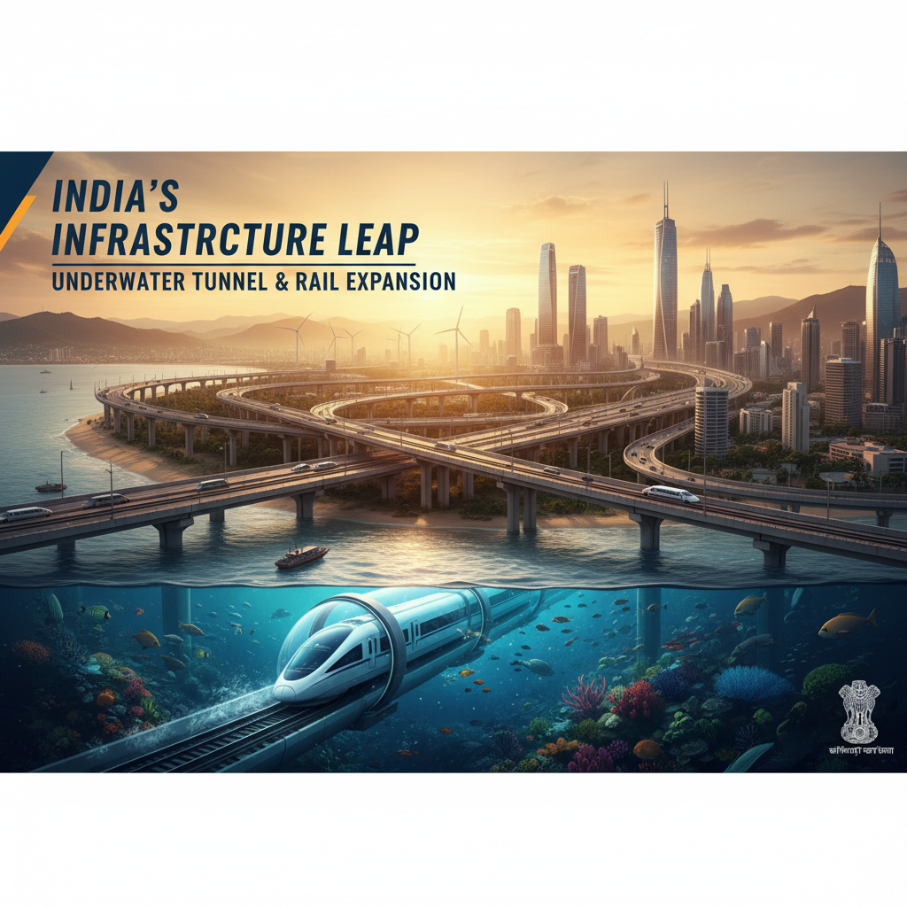 A split image showing a modern cityscape with elevated highways and a train passing through an underwater tunnel.