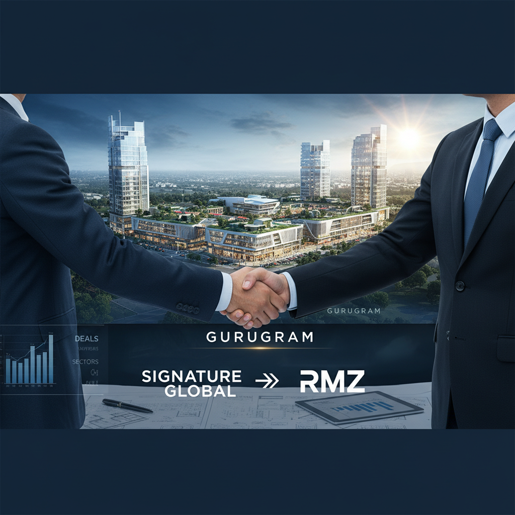 Two businessmen shaking hands in front of a modern city skyline and architectural renderings of a mixed-use development.