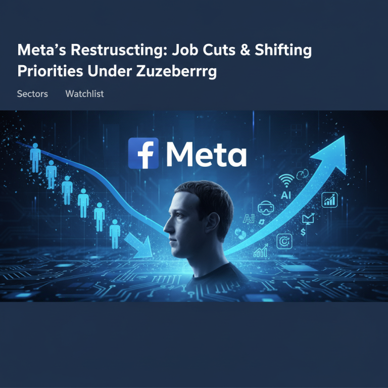 Mark Zuckerberg's profile superimposed on a digital circuit board with trending arrows, job cuts, and Meta logo.