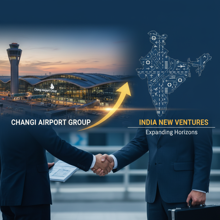 Two businessmen shake hands with a backdrop of Changi Airport and a map of India with airport symbols.