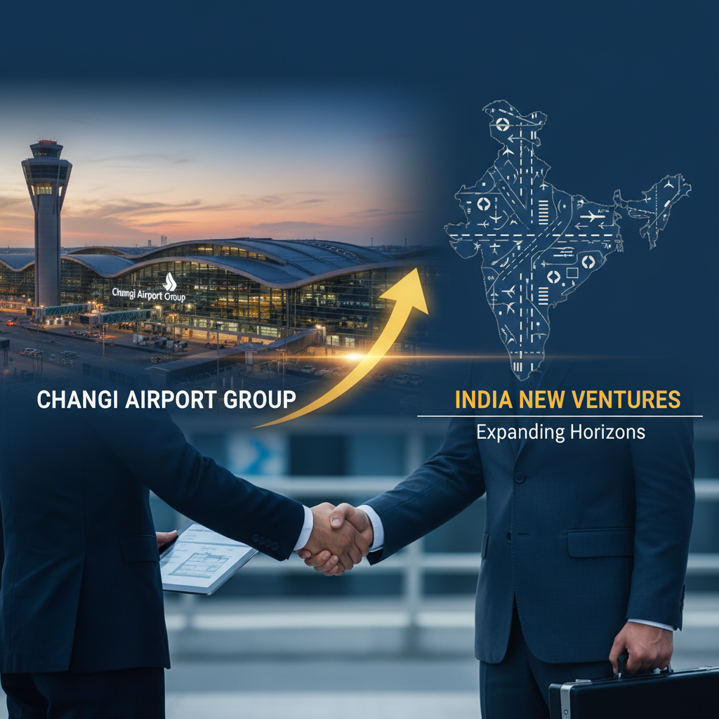 Two businessmen shake hands with a backdrop of Changi Airport and a map of India with airport symbols.