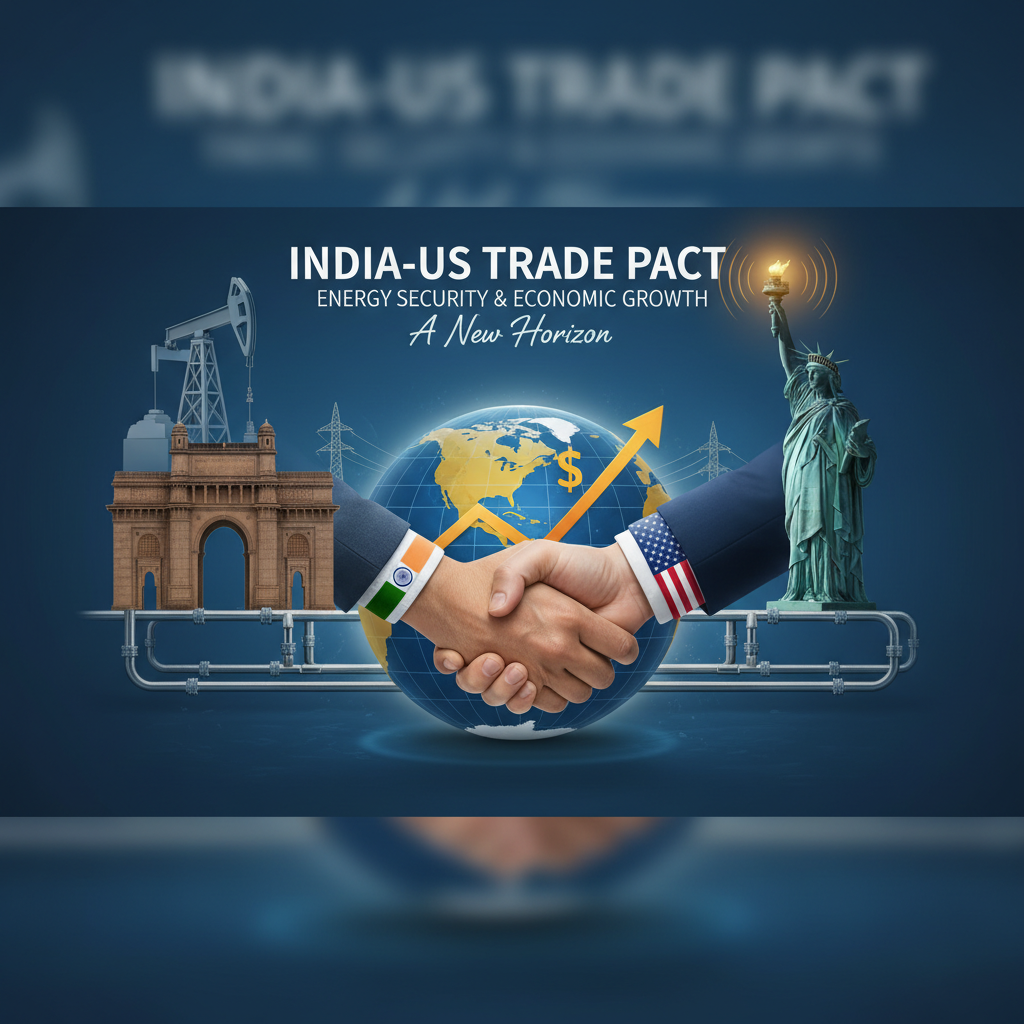 A handshake between India and US flags with the Globe, Gateway of India, Statue of Liberty, and energy infrastructure.