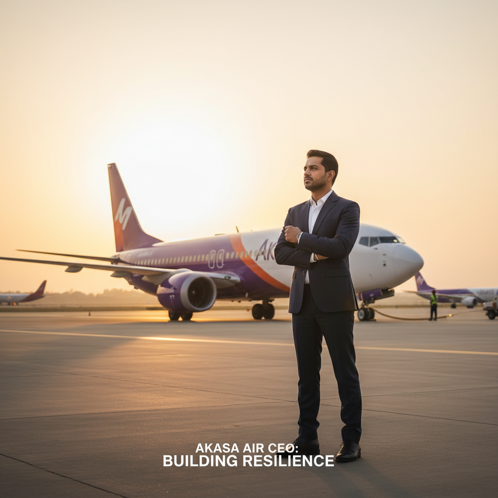 A confident CEO stands on an airfield with Akasa Air planes at sunset, symbolizing leadership and resilience in aviation.