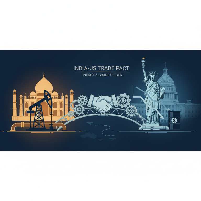Illustration of India-US trade pact with Taj Mahal, oil rig, Statue of Liberty, and US Capitol.