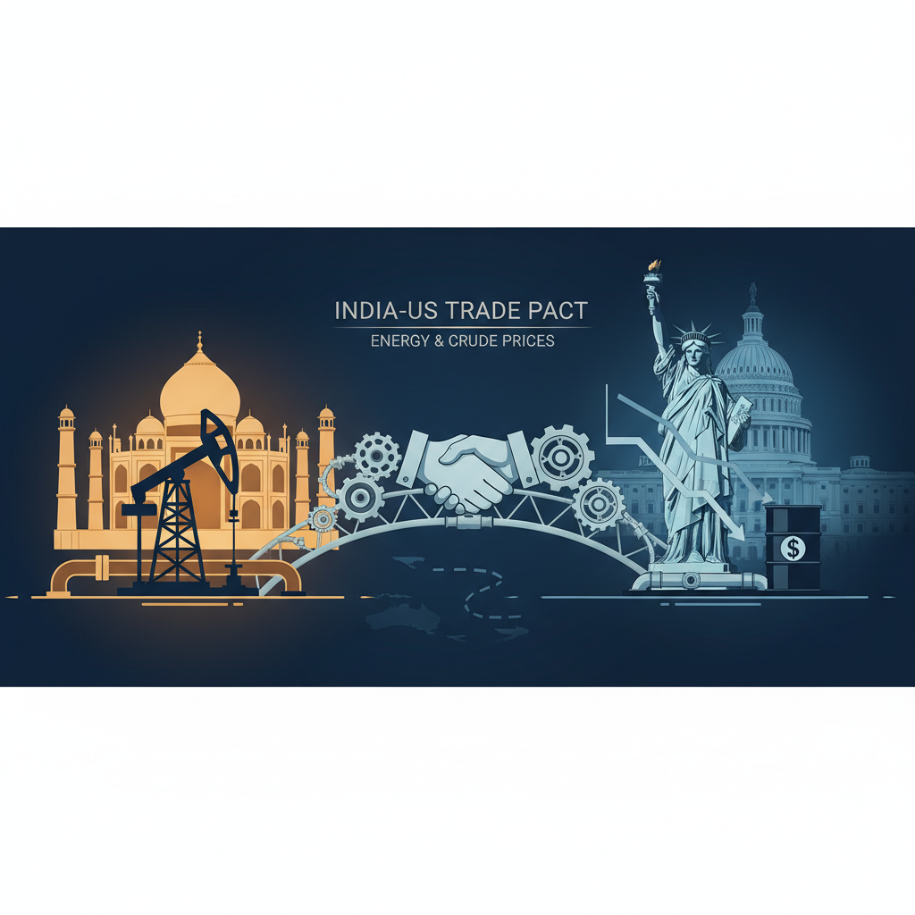 Illustration of India-US trade pact with Taj Mahal, oil rig, Statue of Liberty, and US Capitol.