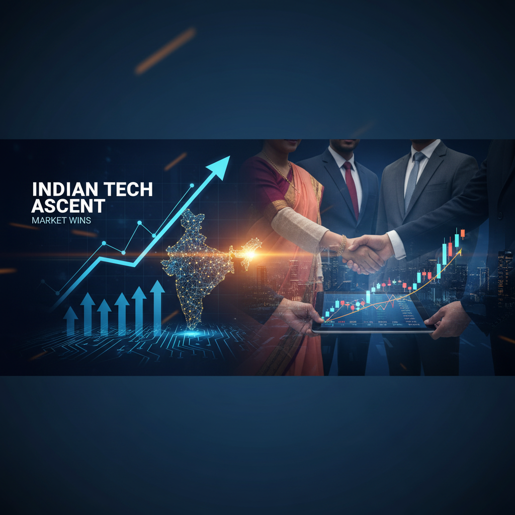Professional image depicting Indian tech growth with a handshake, financial charts, and a map of India.