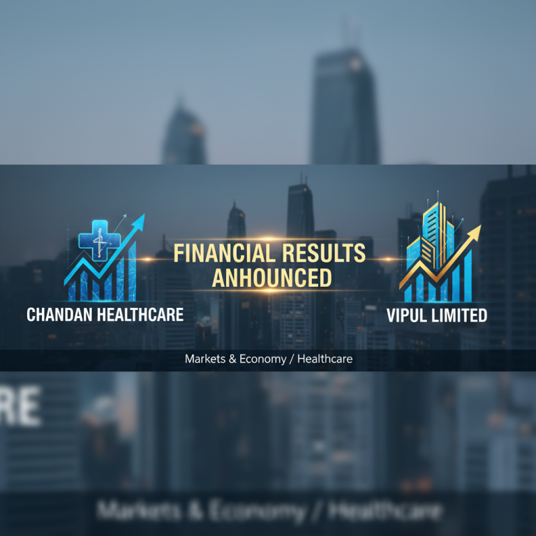 Professional banner image for an article about financial results, featuring logos for Chandan Healthcare and Vipul Limited against a city skyline.