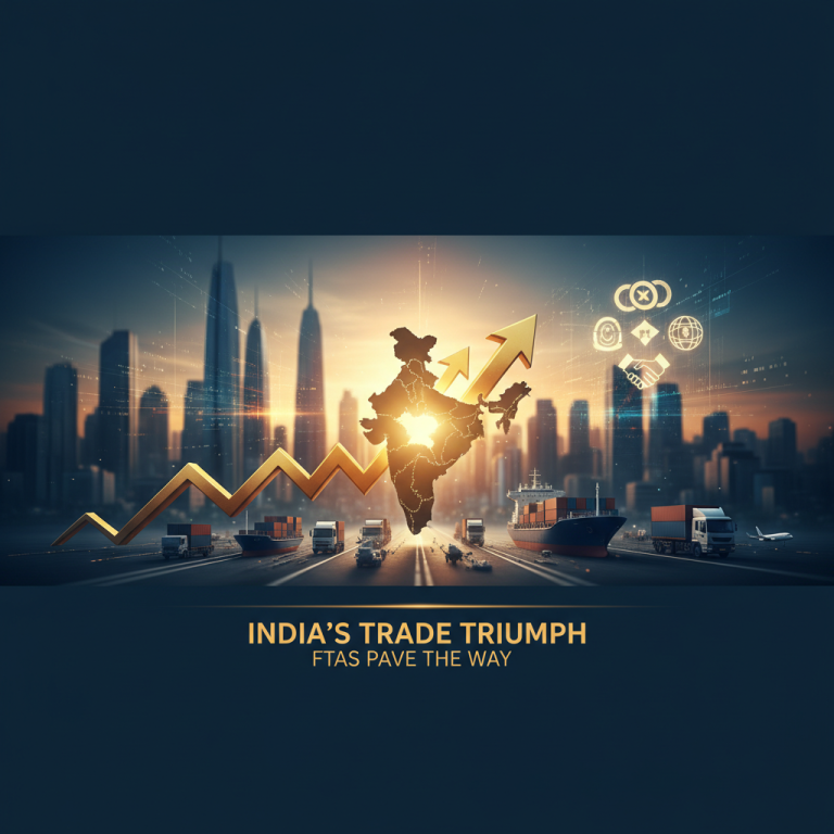 Professional image depicting India's economic growth through trade, with a map of India, upward arrow, and global trade elements.