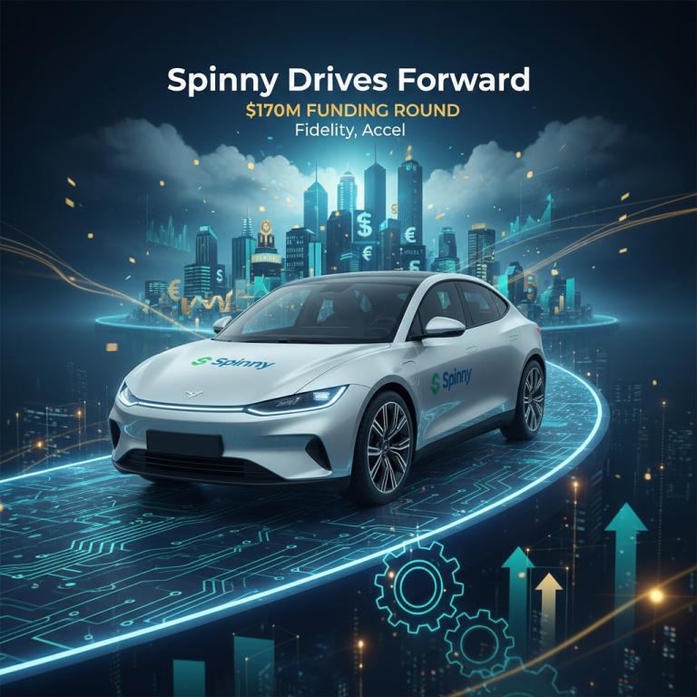 A modern car with Spinny logo on a circuit board road, city skyline, financial symbols, and upward arrows in the background.