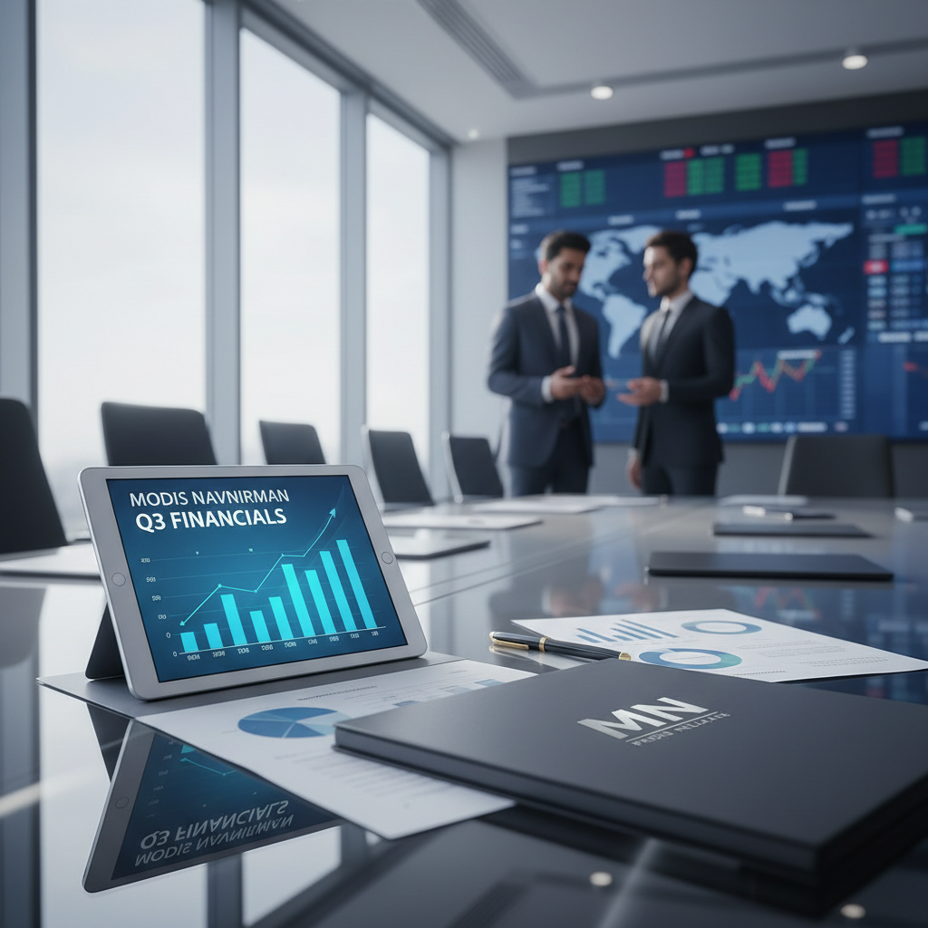 Tablet displaying financial charts and documents on a conference table with businessmen in the background.