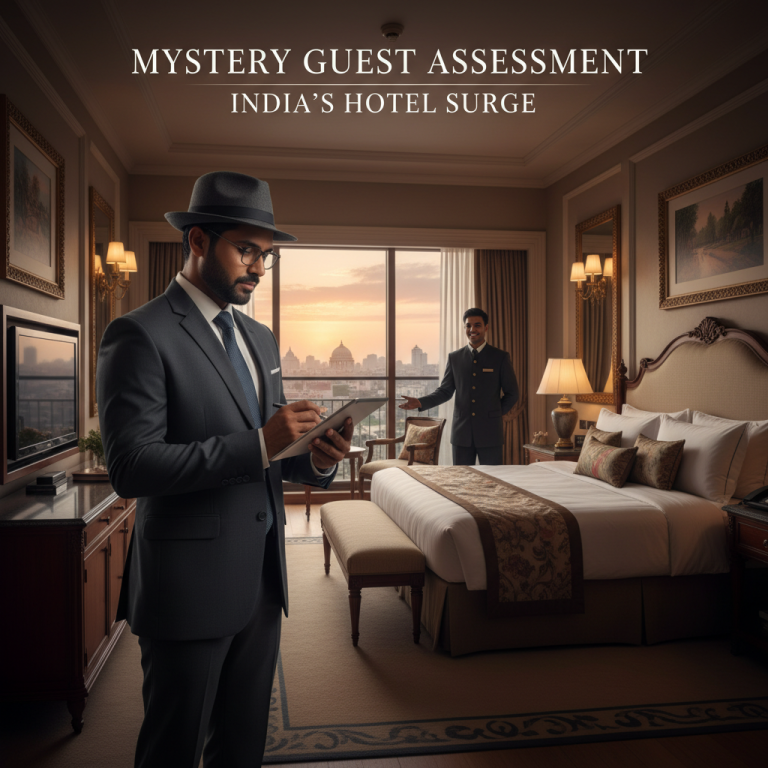 A man in a suit, wearing a fedora, reviewing a tablet in a luxurious Indian hotel room with a hotel staff member.