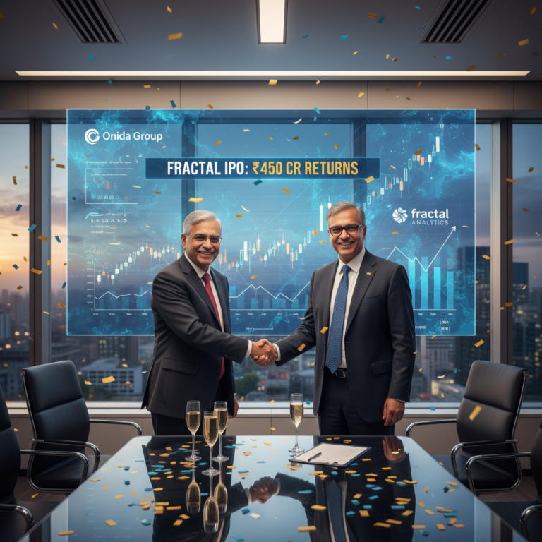 Two businessmen shaking hands in a modern office with a digital stock chart in the background and confetti falling.