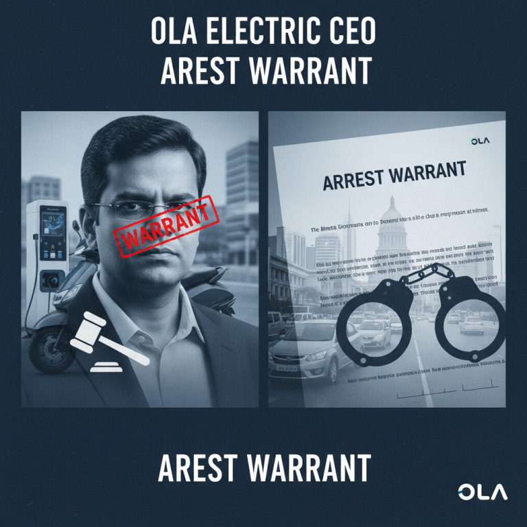 A professional image representing a legal dispute involving Ola Electric's CEO, featuring a gavel, an electric scooter, and a warrant.