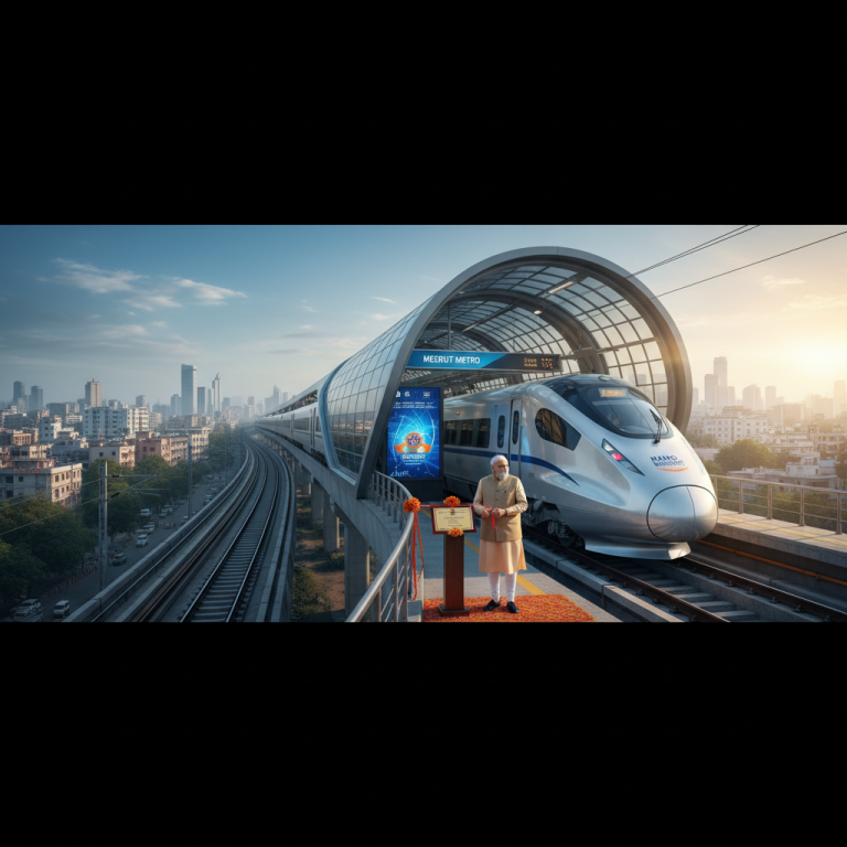 Indian Prime Minister Narendra Modi stands on a modern metro platform next to a sleek, silver train, with a city skyline.