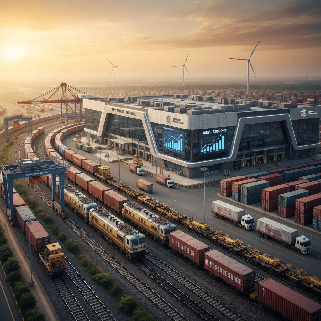 Aerial view of a modern Gati Shakti rail cargo terminal with trains, trucks, and shipping containers at sunrise.