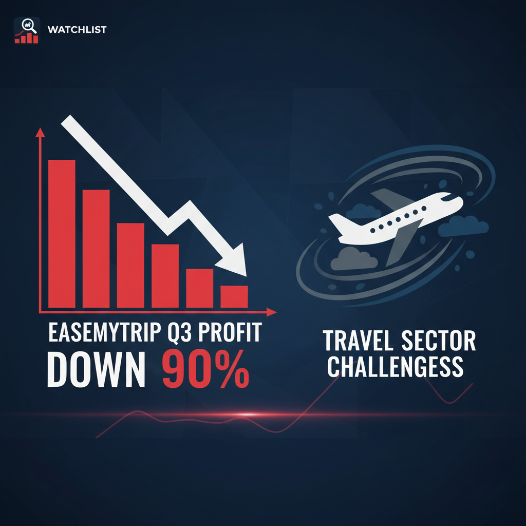 A professional graphic illustrating a significant profit decline for EaseMyTrip, with a downward trending bar chart and an airplane symbolizing travel sector issues.