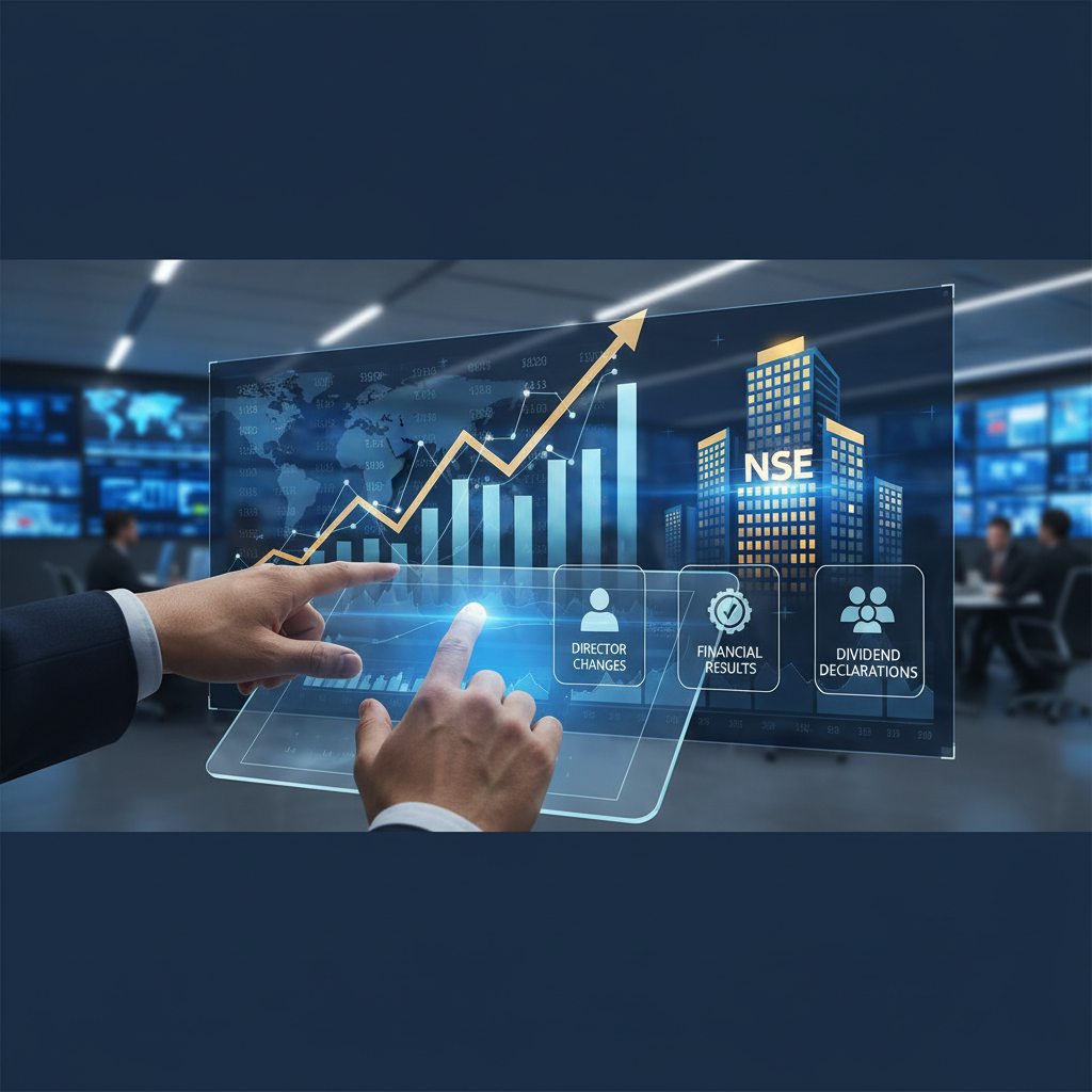 Hands interacting with a transparent screen displaying financial data, charts, and icons for director changes, financial results, and dividend declarations, with NSE buildings in the background.