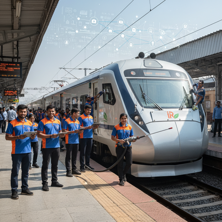 A modern Indian Railways train at a station, with cleaning crew and digital tech overlays.