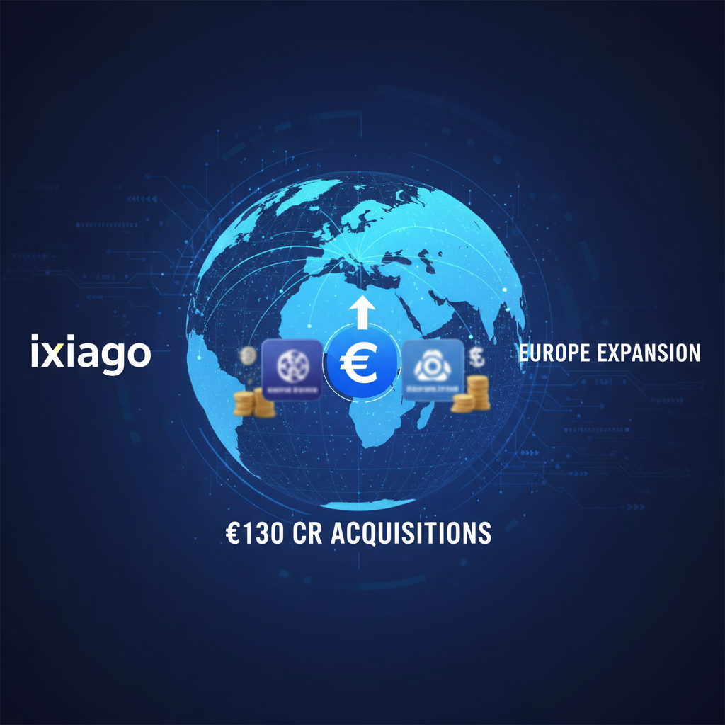 A professional image illustrating ixigo's European expansion and €130 Cr acquisitions, featuring a globe, money, and company logos.