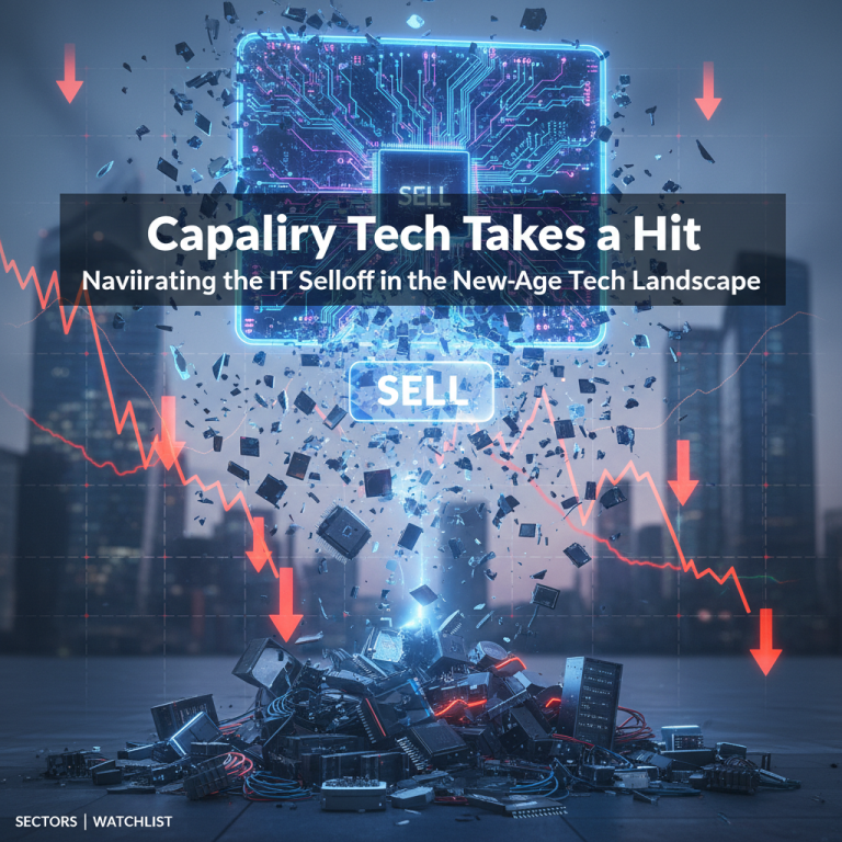 A shattered circuit board, digital fragments, and downward red arrows symbolizing a tech selloff.