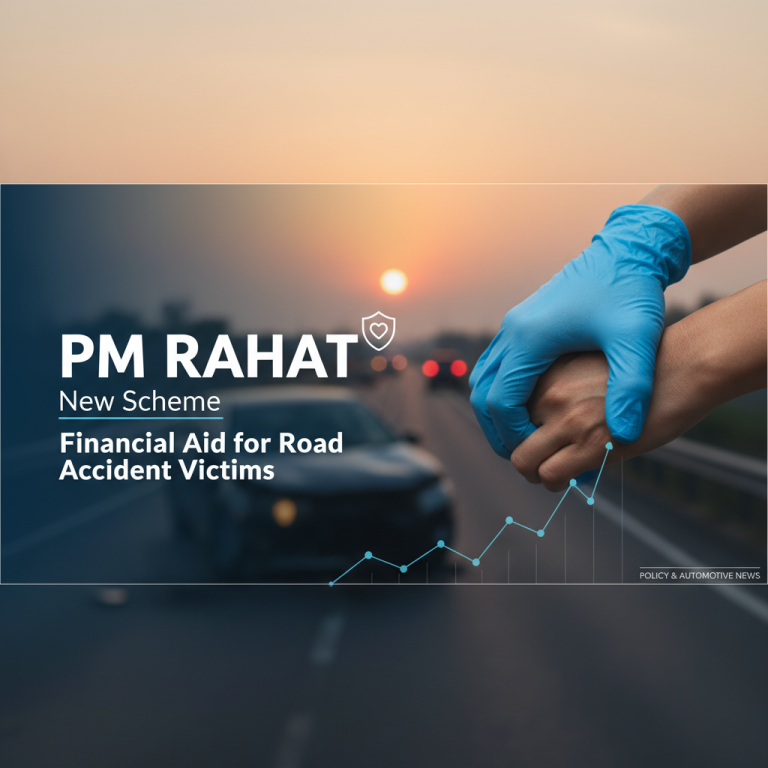 Image featuring "PM RAHAT" title, hands, and a highway, symbolizing support for road accident victims.