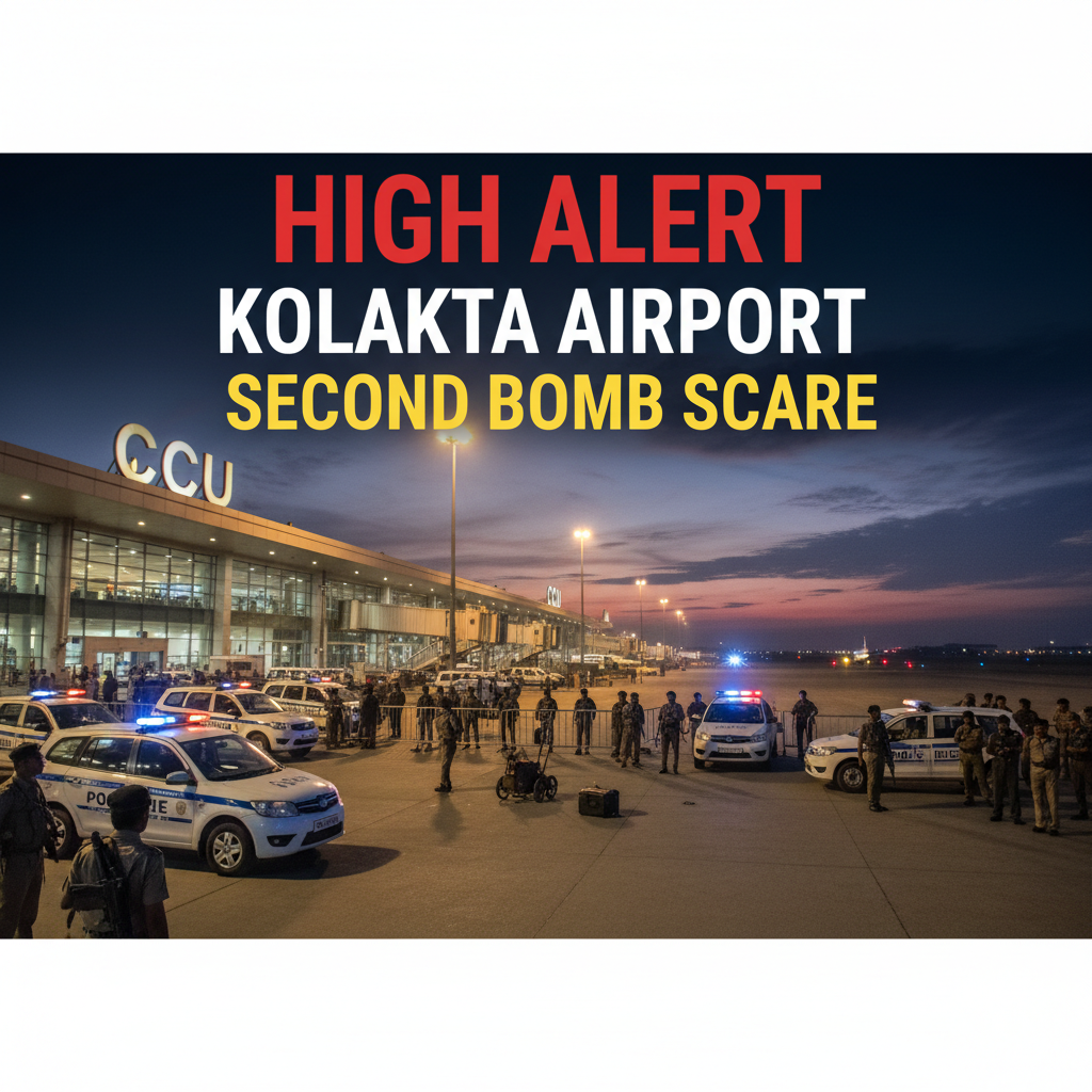 An airport at dusk with emergency vehicles and personnel, signaling a high-alert situation.