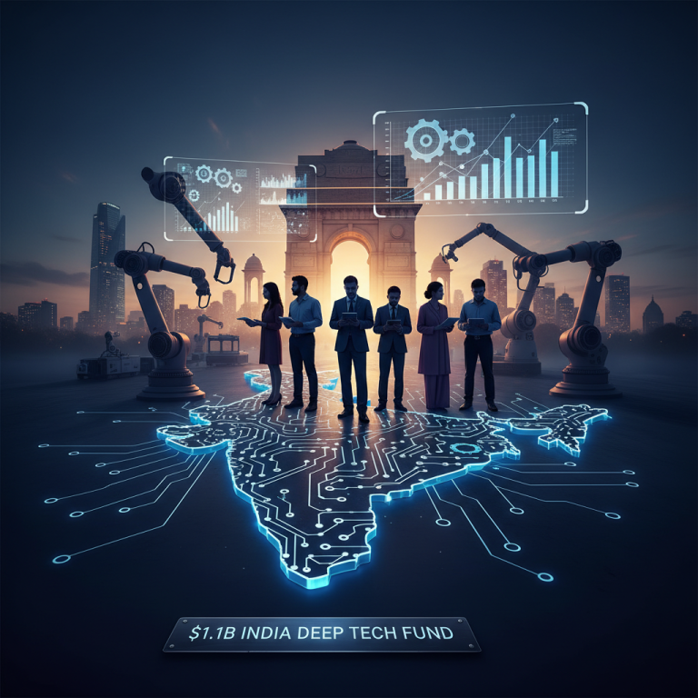 A professional image showing business people standing on a glowing map of India with industrial robots and data analytics.