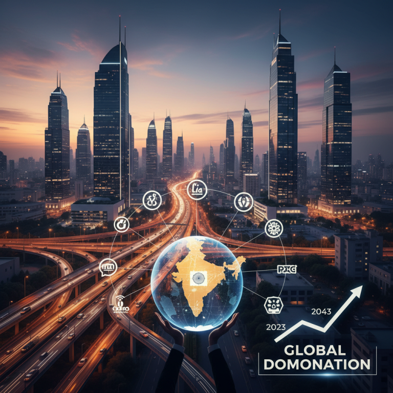 A conceptual image showing hands holding a glowing globe with India highlighted, futuristic city, and growth arrow.