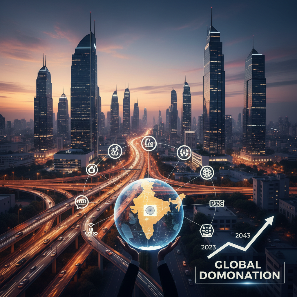 A conceptual image showing hands holding a glowing globe with India highlighted, futuristic city, and growth arrow.