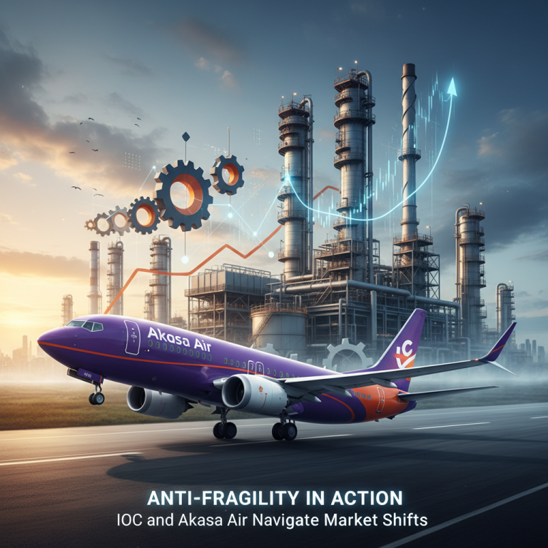 An Akasa Air plane taking off from a runway with an oil refinery in the background, symbolizing market navigation.