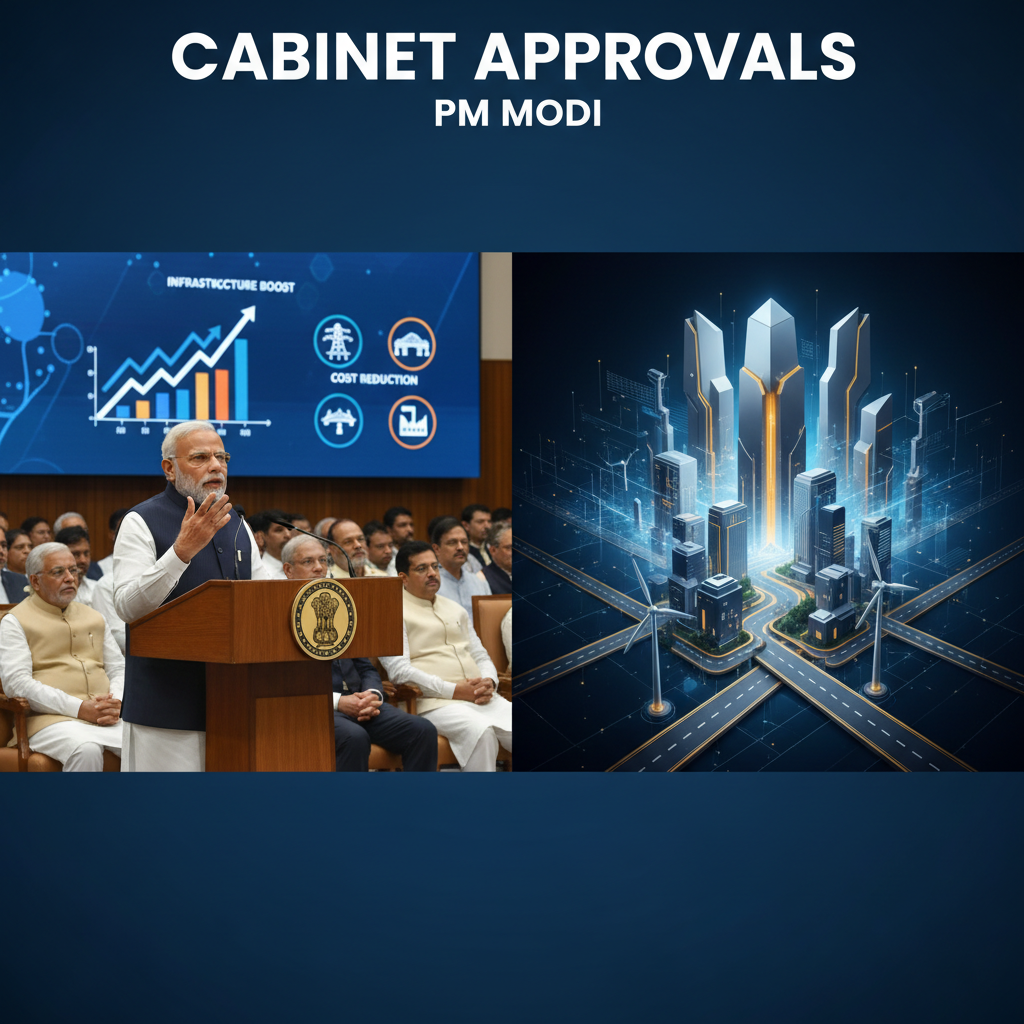 PM Modi speaking at a podium with "Infrastructure Boost" and "Cost Reduction" on a screen, alongside a modern cityscape with wind turbines.