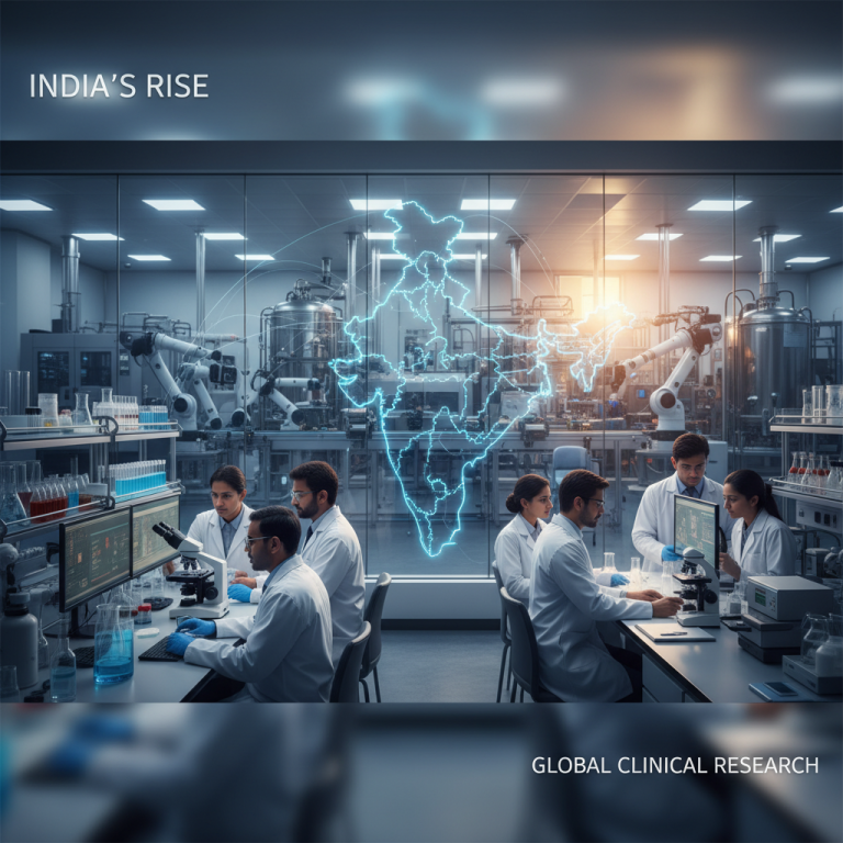Researchers in a modern lab with a holographic map of India, symbolizing its growing role in clinical research.