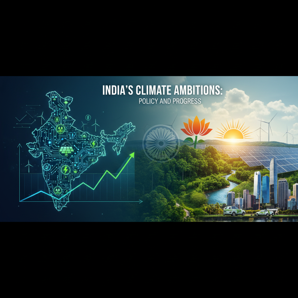 A professional visual representing India's climate ambitions, combining policy elements with sustainable progress.