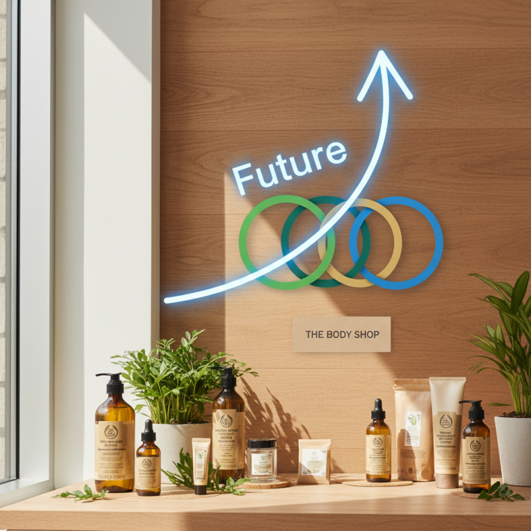 A professional image showcasing The Body Shop products with a glowing "Future" arrow pointing upwards.
