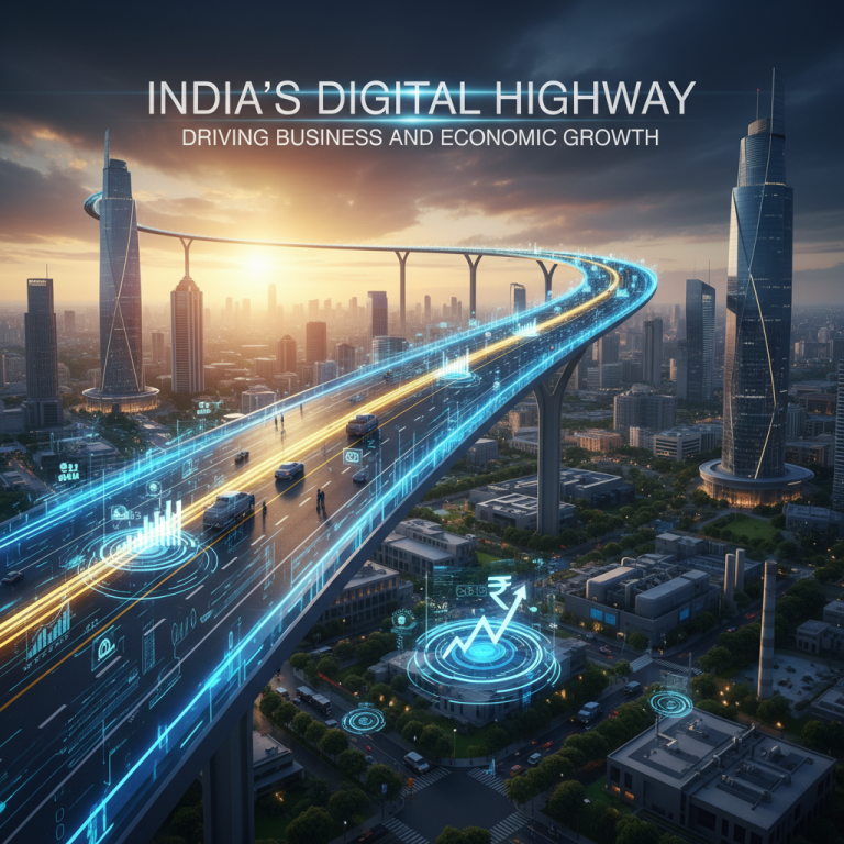 A futuristic elevated digital highway with data streams flowing over a modern Indian city at sunset, symbolizing economic growth.