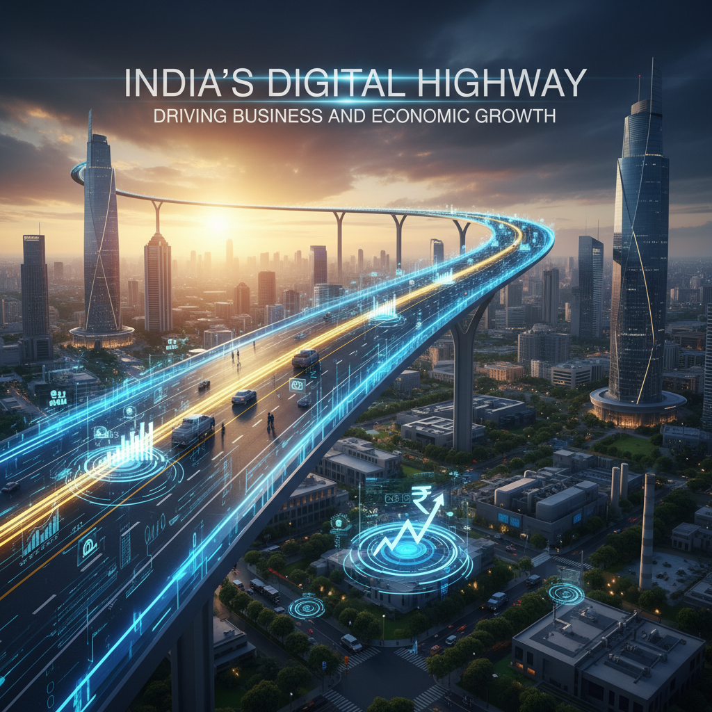A futuristic elevated digital highway with data streams flowing over a modern Indian city at sunset, symbolizing economic growth.