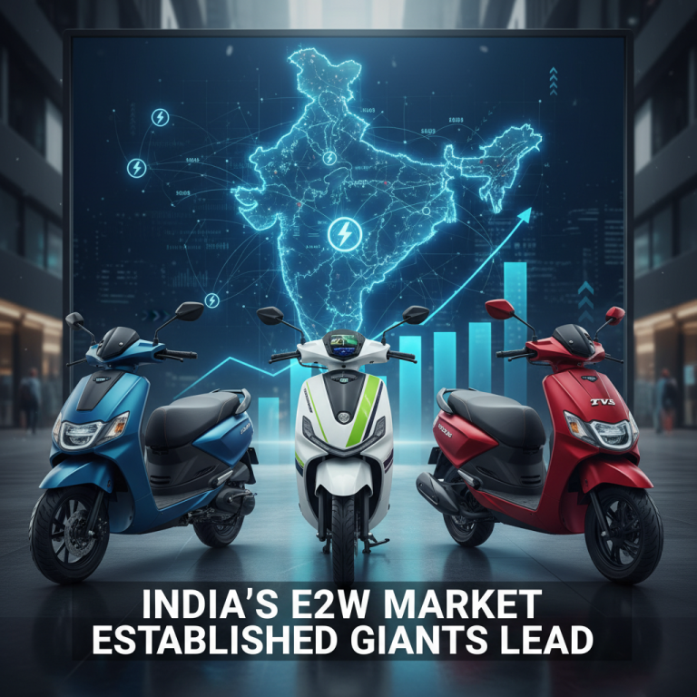 Three electric scooters (blue, white, red) in front of a digital map of India with growth charts.