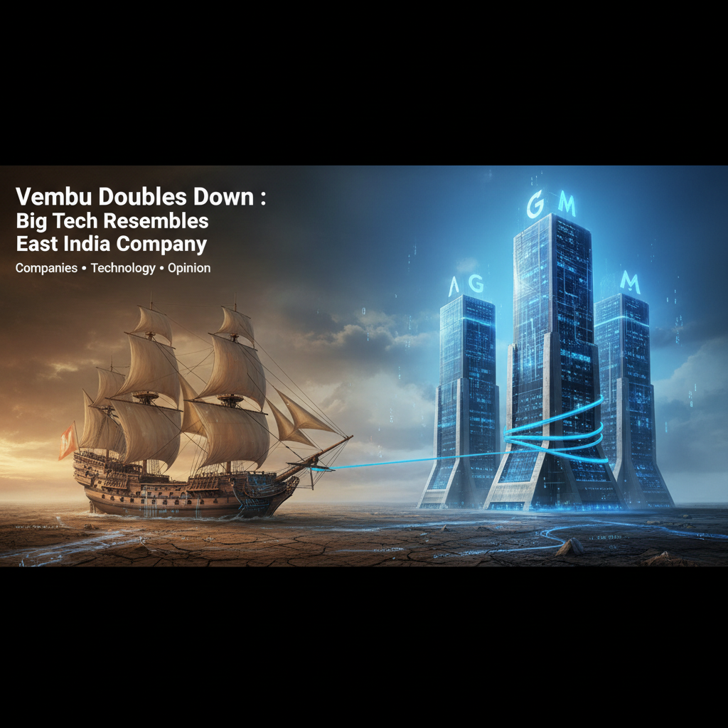 A large, historical sailing ship pulling modern, glowing skyscrapers representing Big Tech companies.