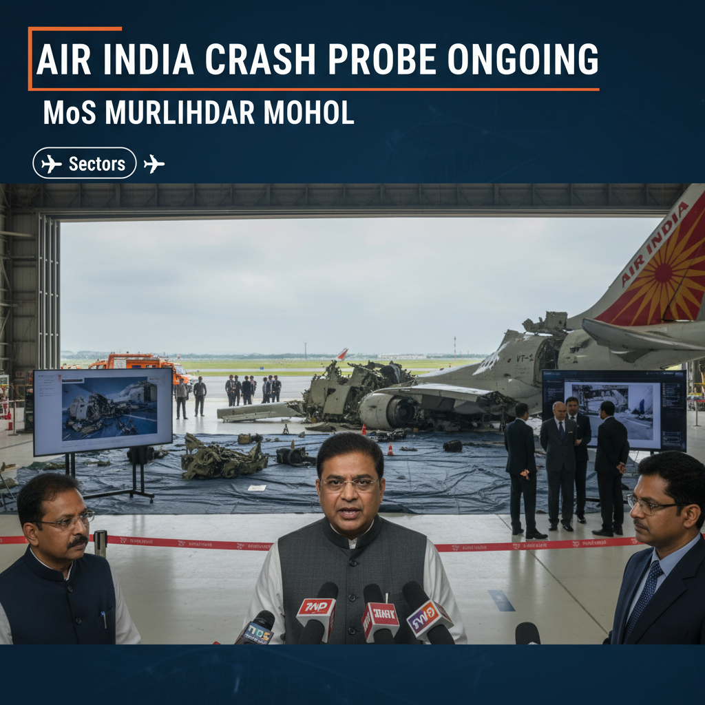 MoS Murlidhar Mohol speaking at a press conference with Air India crash debris in the background.