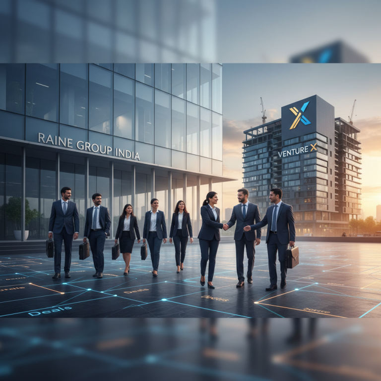 Business professionals shaking hands, leaving Raine Group India for Venture X building, with 'deals' and 'sectors' highlighted.