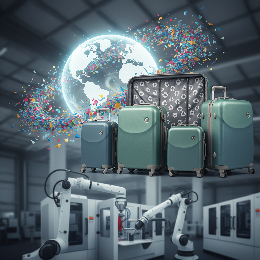 A professional image showcasing eco-friendly luggage, a global map, recycled plastic flakes, and robotic arms in a factory.