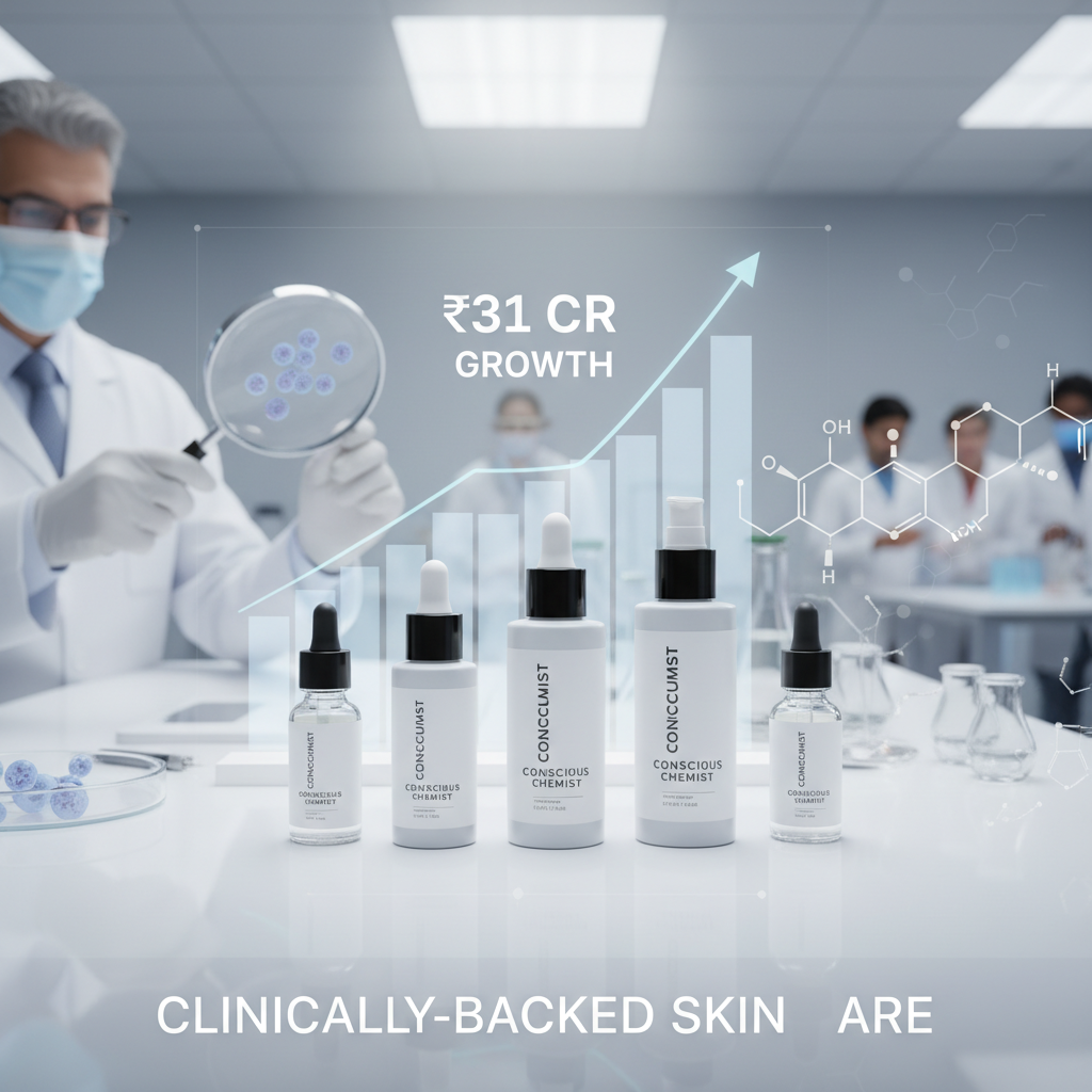Skincare products from Conscious Chemist with a growth chart and scientists in a lab background.