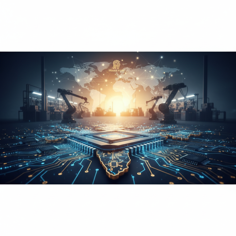 A central computer chip with radiating circuits, robotic arms in a factory, and a global map with a sunrise.