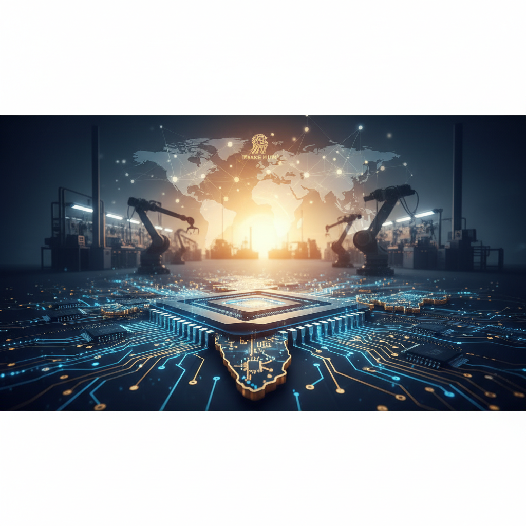 A central computer chip with radiating circuits, robotic arms in a factory, and a global map with a sunrise.